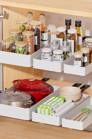 Delamu 3 Pack Pull Out Cabinet Organizer, 15.7"Deep Pull Out Drawers for Cabinets, Slide Out Drawers for Kitchen Cabinets, Bathroom Cabinet Organizer, Pantry (White)