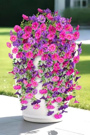 Artificial Flowers for Outdoors Decoration, 4Pcs Fake Hanging Flowers Morning Glory UV & Fading Resistant, Artificial Faux Plants Deocr for Home Porch Patio Balcony Planter Yard Garden Farmhouse