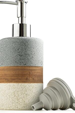 Ceramic Soap Dispenser Set for Hand Soap, Shampoo, Dish Soap, Conditioner, Bathroom & Kitchen, Stainless Steel Pump, Includes Silicone Funnel, 12 Oz, Non-Slip, Elegant Kitchen Decor, Gray
