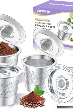 CAPMESSO Reusable K-Cups for Keurig 1.0: Stainless Steel Refillable Coffee Pods - Universal Metal Coffee Filter for Keurig Coffee Maker, Dual-mesh for Richer Coffee NO Sediment, Eco-Friendly (4 Pack)