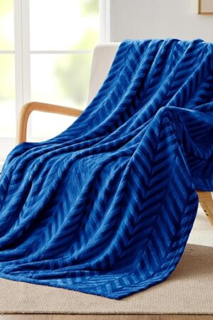 Whale Flotilla Flannel Fleece Throw Blanket Velvet Chevron Design 50x60 Inch Royal Blue