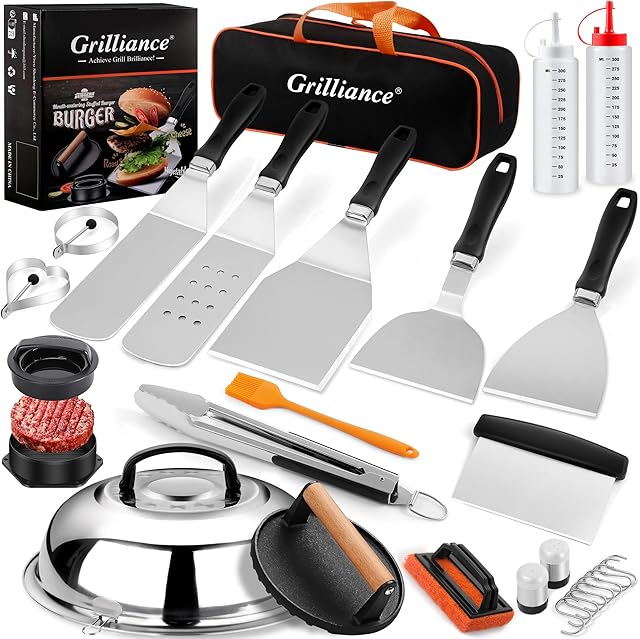 27pcs Griddle Accessories Kit for Blackstone, Professional Hibachi Flat Top Grill Tools, Enlarged Spatula Gift Set with Basting Cover,Burger Press Patty Maker for Outdoor BBQ Teppanyaki