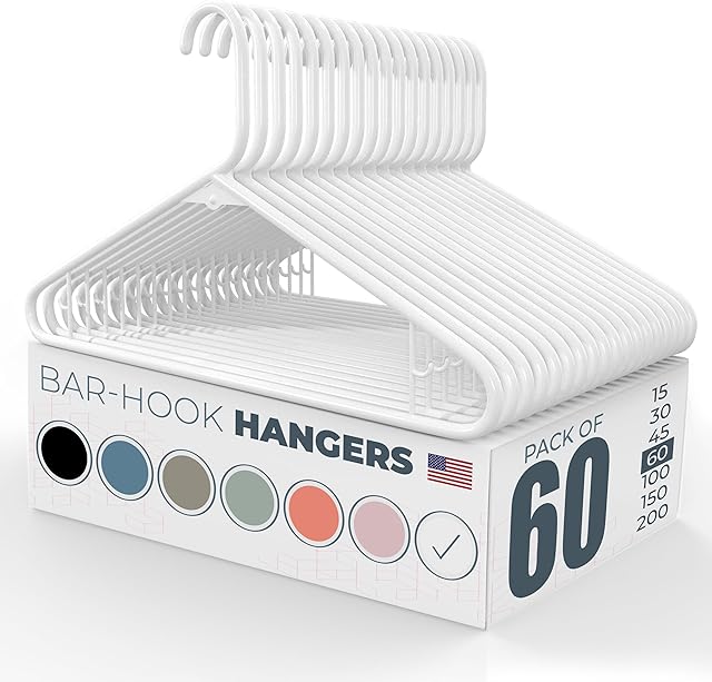 Neaties Plastic Hangers – MADE IN USA – 60 Pack – Clothes Hangers with Hooks for Closet, Dorm & Coat Storage (White)