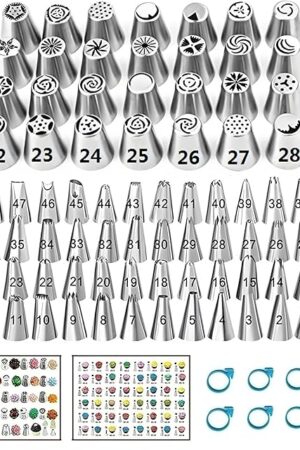193 Pcs Russian Piping Tips Set, with 28 Numbered Russian Tips,48 Numbered Icing Tips,1 Ball Tip,2 Leaf Tips,Pattern Chart,100 Pastry Bags,4 Couplers,6 Bag Ties for Cake Decorating