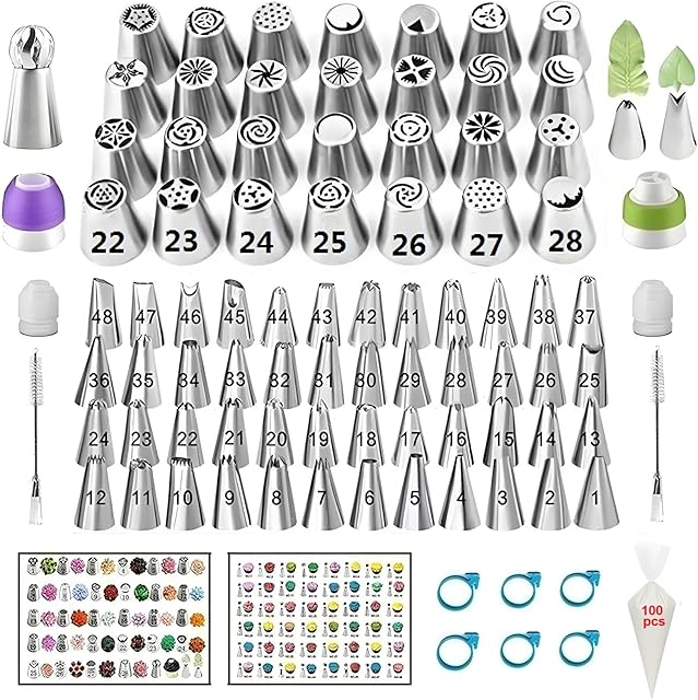 193 Pcs Russian Piping Tips Set, with 28 Numbered Russian Tips,48 Numbered Icing Tips,1 Ball Tip,2 Leaf Tips,Pattern Chart,100 Pastry Bags,4 Couplers,6 Bag Ties for Cake Decorating