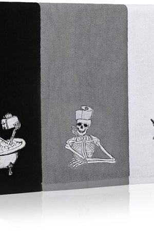 Breling 3 Pcs Skeleton Hand Towels 13.3 x 29 Inch Skeleton Towels for Bathroom 100% Cotton Soft Embroidered Home Decoration for Goth Bathroom Kitchen Halloween Birthday Gifts