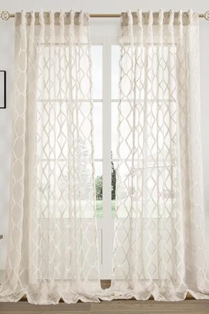 Beige Sheer Curtains 84 Inches Long for Living Room Rod Pocket Back Tab Sand Taupe Tan Semi Sheer Curtain Geometric Embroidered Tuft Pom Textured Drapes Earth Tone Farmhouse Rustic Bedroom Nursery