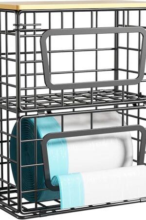 2 Layer Trash Bag Holder Dispenser with Bamboo Top, Cinati Extra Large Garbage Bag Dispenser Under Sink for Kitchen Storage Organization, Black Kitchen Organizers and Storage - Tipping Resistant