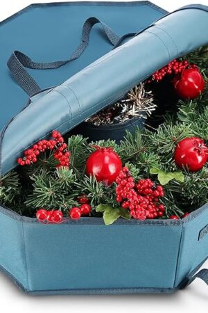 Wreath Storage Container - Hard Shell Christmas Wreath Storage Bag with Interior Pockets, Dual Zipper and Handles - 24" Premium Wreath Storage Organizer Box by Hearth & Harbor