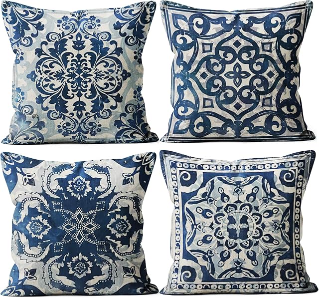 Blue Throw Pillow Covers - Blue Pillow Covers 18x18 Set of 4, Decorative Blue and White Pillow Covers, Chinoiserie Pillow Cover, Chinoiserie Decor