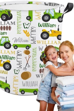 Custom Baby Tractors Laundry Baskets,Personalized Tractors Laundry Basket,Personalized Gifts,Customize Baby Name Laundry Hamper for Kids Adults,Collapsible Clothes Storage Organizer,M-19.5"X 15.7"