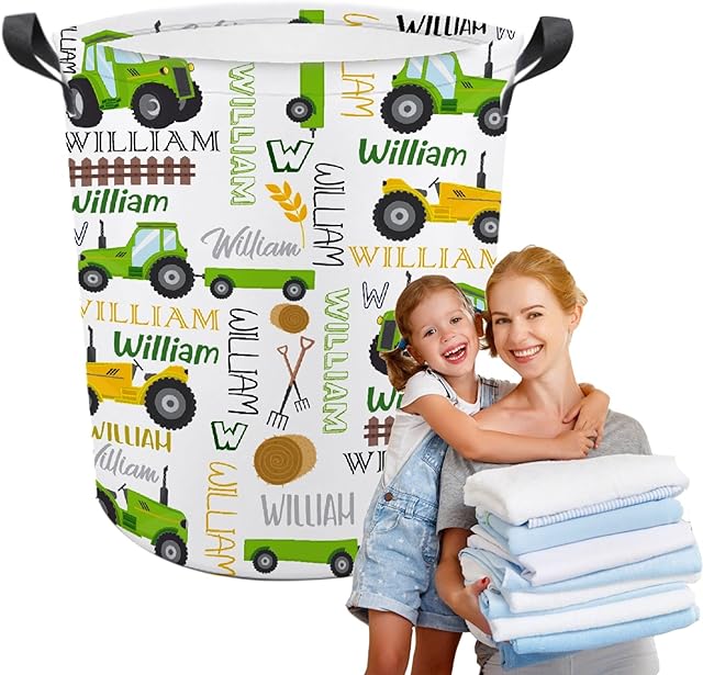 Custom Baby Tractors Laundry Baskets,Personalized Tractors Laundry Basket,Personalized Gifts,Customize Baby Name Laundry Hamper for Kids Adults,Collapsible Clothes Storage Organizer,M-19.5"X 15.7"