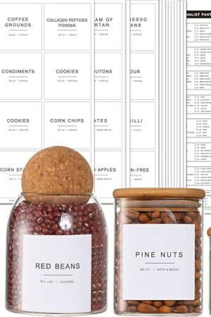 308 Kitchen Pantry Labels for Food Containers, 3 Sizes White Minimalist Labels for Organizing, Food Label for Jars, Storage Bins, Preprinted Waterproof Pantry Label for Containers