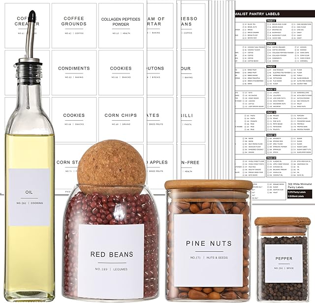 308 Kitchen Pantry Labels for Food Containers, 3 Sizes White Minimalist Labels for Organizing, Food Label for Jars, Storage Bins, Preprinted Waterproof Pantry Label for Containers