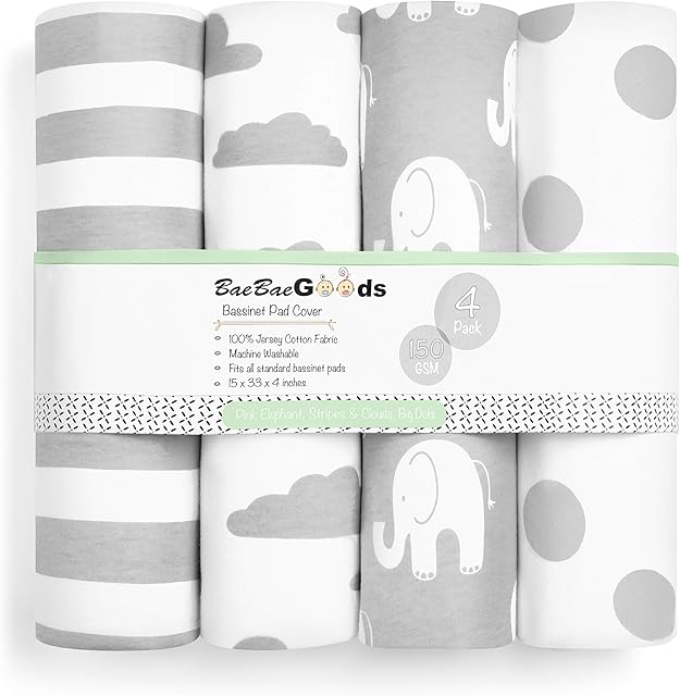 Bassinet Bed Sheets – Premium Bassinet Fitted Sheet for Halo, Mika Micky, Maxi COSI & Others - 4 Pack 100% Jersey Knit - Bassinet Bedding for Standard Size Oval or Halo Bassinet Pads for Boys & Girls