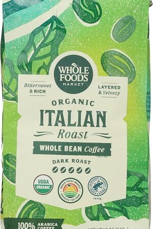 Whole Foods Market, Organic Whole Bean Coffee, Dark Italian Roast, Bittersweet, Rich & Velvety, 12 Ounce