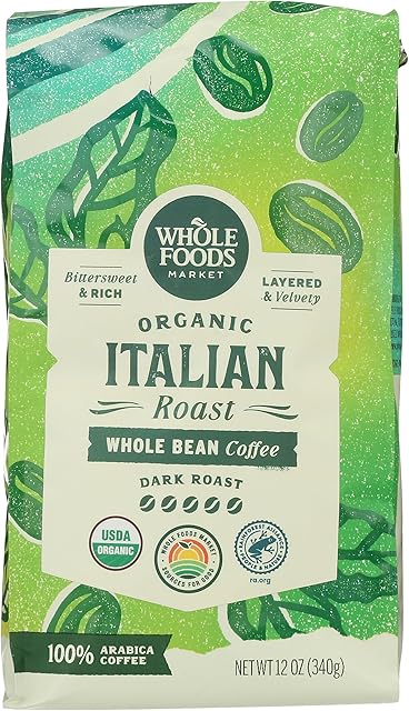 Whole Foods Market, Organic Whole Bean Coffee, Dark Italian Roast, Bittersweet, Rich & Velvety, 12 Ounce