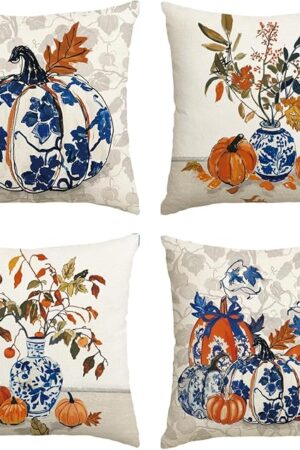 AVOIN colorlife Fall Pumpkin Chinoiserie Blue and White Porcelain Vase Pillow Covers, 18 x 18 Inch Seasonal Thanksgiving Harvest Grandmillennial Cushion Case Decoration for Sofa Couch Set of 4