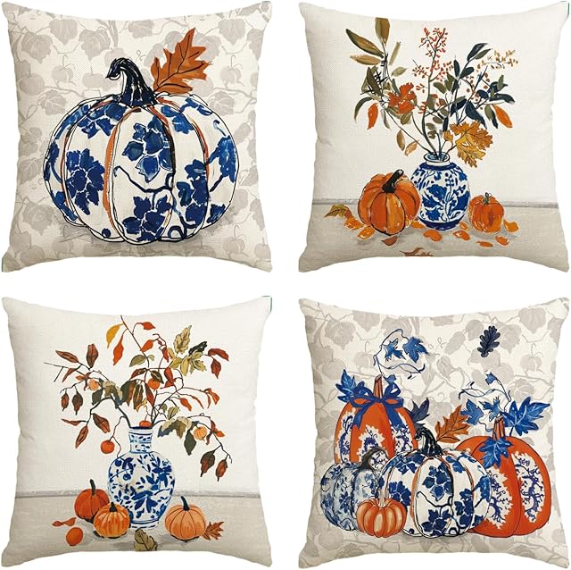 AVOIN colorlife Fall Pumpkin Chinoiserie Blue and White Porcelain Vase Pillow Covers, 18 x 18 Inch Seasonal Thanksgiving Harvest Grandmillennial Cushion Case Decoration for Sofa Couch Set of 4