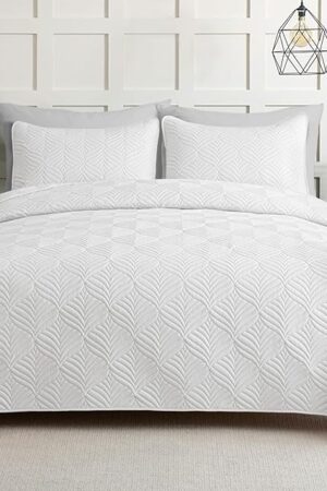 Whale Flotilla Elegant Extra Soft Quilts Queen Size, 3-Piece Lightweight Modern Geometric Full Queen Quilt Bedding Set Bedspread Coverlet for All Seasons, White