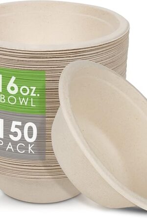 100% Compostable Paper Bowls [16 oz.] – 150 Disposable Bowls Eco Friendly Sturdy Tree Free Liquid and Heat Resistant Alternative to Plastic or Paper Bowls