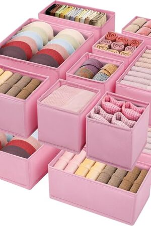 Drawer Clothing Organizer 16-Pack, Pink 3 Sizes Underwear Drawer Dividers, Fabric Folding Wardrobe Organizer for Baby Clothes, Bras, Underwear, Underpants, Belts, Socks, Ties, etc.