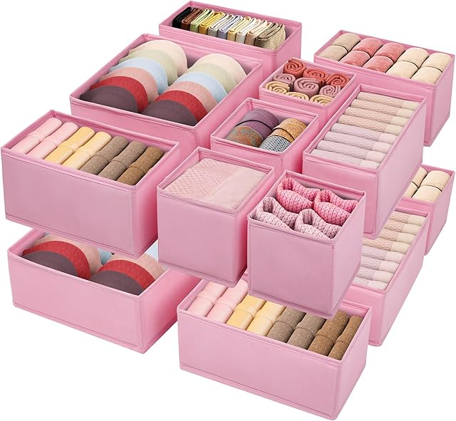 Drawer Clothing Organizer 16-Pack, Pink 3 Sizes Underwear Drawer Dividers, Fabric Folding Wardrobe Organizer for Baby Clothes, Bras, Underwear, Underpants, Belts, Socks, Ties, etc.