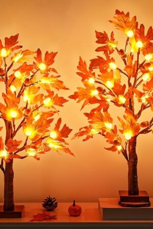 [2 Pack & Timer] 24 Inch Lighted Fall Maple Tree for Fall Decorations with 48 LED Timer Battery Operated Artificial Fall Light up Trees for Home Indoor Outdoor Autumn Harvest Thanksgiving Table Decor