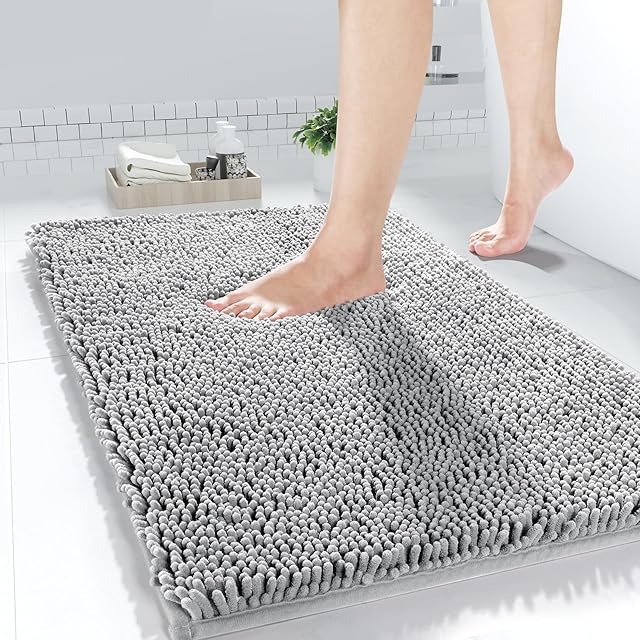 Yimobra Chenille Bathroom Rugs - 24"x17" Super Luxury Soft & Absorbent Quick Dry - Non Slip Bath Mat for Tub Shower - Machine Washable - Gray