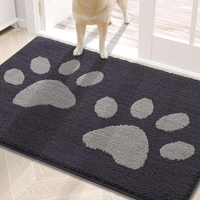 Buganda Dog Door Mat for Muddy Paws, Absorbent Dirt Trapper Washable Indoor Doormats, Non Slip Low-Profile Mud Mat for Dogs, Front Entrance Doormat for Inside Floor (30x20 Inches, Dark Grey)
