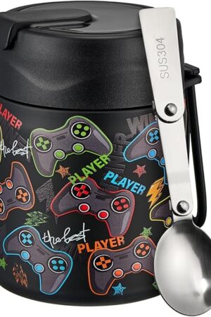 17oz Soup Thermo for Hot Food Kids Insulated Vacuum Food Jar with Stainless Steel Spoon Wide Mouth Thermo Leakproof Lunch Food Container Kids Hot Lunch Box (Black-Game)