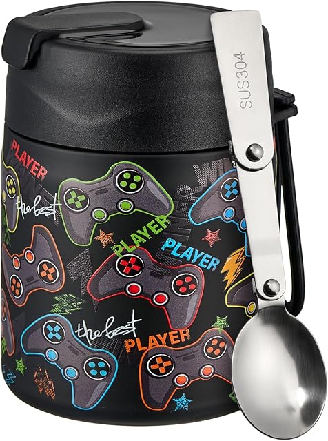 17oz Soup Thermo for Hot Food Kids Insulated Vacuum Food Jar with Stainless Steel Spoon Wide Mouth Thermo Leakproof Lunch Food Container Kids Hot Lunch Box (Black-Game)