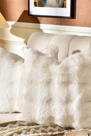 AmHoo Pack of 2 Throw Pillow Covers 3D Dense Faux Rabbit Fur Cozy Super Soft Fuzzy Set Case Cushion for Couch Sofa Bedroom 18 x 18-Inch Cream White