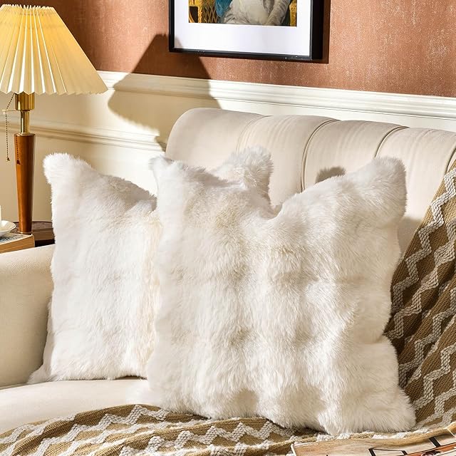 AmHoo Pack of 2 Throw Pillow Covers 3D Dense Faux Rabbit Fur Cozy Super Soft Fuzzy Set Case Cushion for Couch Sofa Bedroom 18 x 18-Inch Cream White