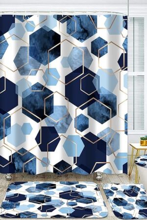 4Pcs Sky Blue Geometric Shower Curtain Set with Navy Blue Abstract Art, 12 Hooks, Bath Mat and Rugs