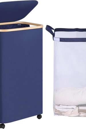 efluky Laundry Basket with Wheels, Tall Rolling Laundry Hamper with Lid and Removable Bag, Aesthetic Dirty Clothes Hamper on Wheels for Laundry Room, Bedroom, Dorm and Bathroom, 100L Blue