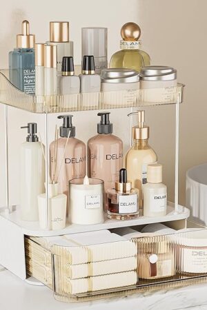 Delamu 3-Tier Bathroom Counter Organizer with Drawer, Multi-Purpose Makeup Organizer Countertop for Vanity, Large Cosmetic Display Case Perfume Tray Skincare Organizers, Amber