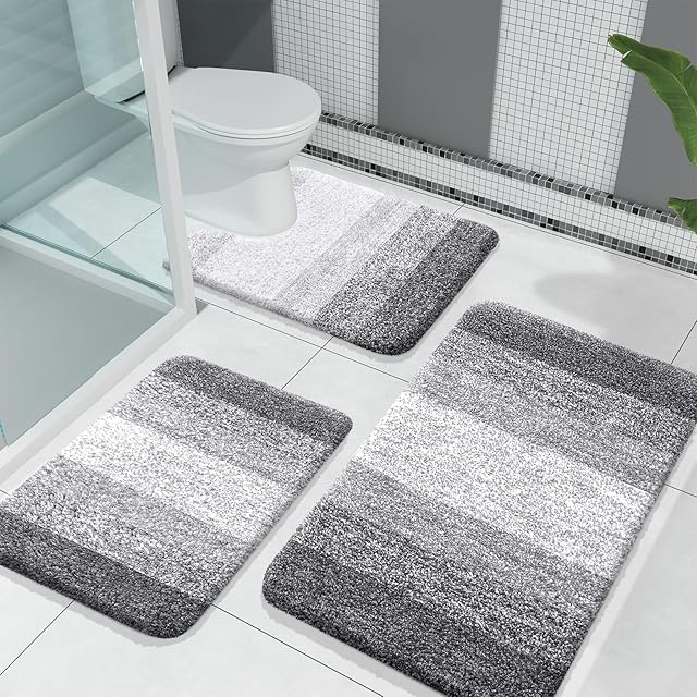 OLANLY Bathroom Rugs Sets 3 Piece, Soft Absorbent Microfiber Bath Mats and U-Shaped Contour Toilet Rug, Machine Wash Dry, Plush Shaggy Bath Mat Set for Bathroom (30"x20"+24"x16"+24"x20", Grey)