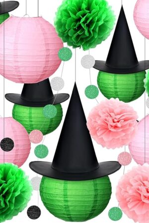 DIY Witch Party Decorations Set 10 Inch Green and Pink Paper Lanterns Hanging Pom Poms Hats Witch Princess Theme Garland for Enchanted Birthday Cosplay Fantasy Celebrations