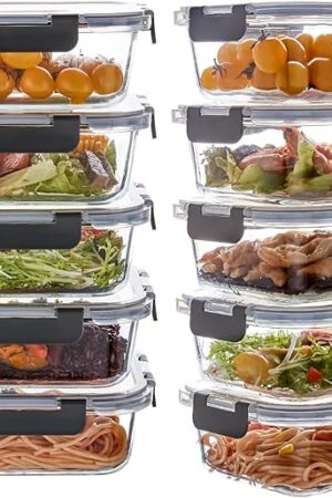 10 Pack 22 oz Glass Meal Prep Containers, Glass Food Storage Containers with Lids, Reusable Airtight Leakproof Lunch Bento Boxes Freezer, Microwave Oven and Dishwasher, Gray