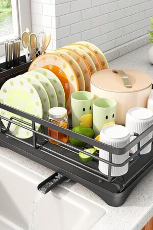 Dish Drying Rack - Stainless Steel Dish Rack for Kitchen Counter, Large-Capacity Dish Drainer with Cutlery Holder, Kitchen Organizer for Dishes, Spoons and Forks, Black