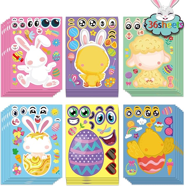 The 36 Sheet Easter Stickers for Kids,Easter Basket Stuffers,Make a Face Easter Stickers with Easter Animal Egg Themed,Make Your Own Stickers,Easter Decorations Gift Kids Party Favor Supplies Crafts