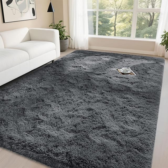 DweIke Fluffy Dark Grey 4x6 Area Rugs for Bedroom Living Room, Soft Plush Shaggy Deep Gray Girls Boys Kids Rug, Non-Slip and Machine Washable Carpet for Dorm Nursery Classroom Decor