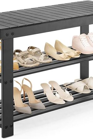 DUMOS Shoe Rack Bench, 3-Tier Bamboo Entryway Benches, Holds Up to 286 lb Storage Organizer, 11.3 x 27.6 x 17.8 Inches, Suitable for Bedroom Living Room Balcony, Black
