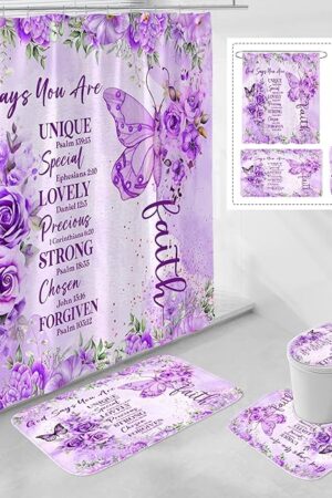 4 Pcs Purple Butterfly Inspirational Quotes Shower Curtain Set with Rugs and Toilet Lid Cover, Colorful Boho Waterproof Fabric Bathroom Set, Bible Verse Floral Bathroom Decor Set Accessories