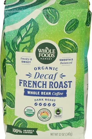 Whole Foods Market, Organic Decaf Whole Bean Coffee, Dark French Roast, Smoky & Sweet, Smooth & Balanced, 12 Ounce