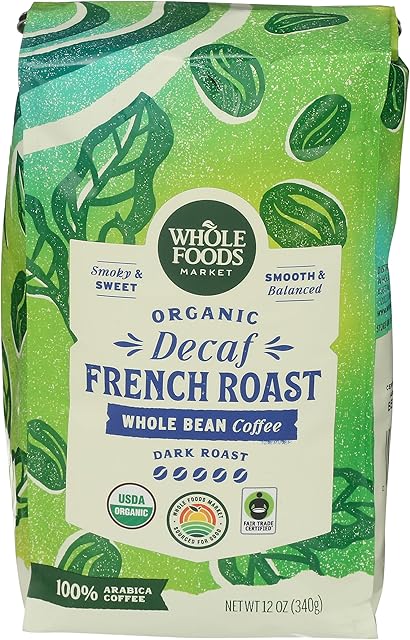 Whole Foods Market, Organic Decaf Whole Bean Coffee, Dark French Roast, Smoky & Sweet, Smooth & Balanced, 12 Ounce
