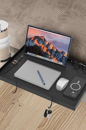 Bedside Shelf for Bunk Bed & Top Bunk, College Dorm Room Essentials, Bed Side Table Tray Organizer with Hook, Cord Clip and Cup Holder, Clip on Nightstand for Loft Bed Accessories, Black
