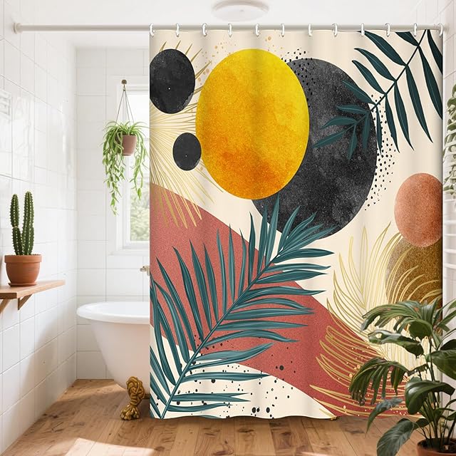 Boho Mid Century Shower Curtain Set for Bathroom,72"X72" Shower Curtain for Chic Elegant Bathroom Decor, 12 Hooks Home Decorations, Fabric Shower Curtain Waterproof Durable