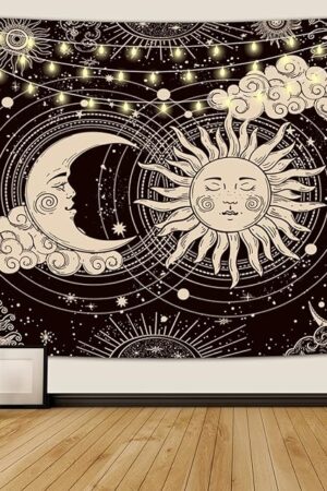 Wonrizon Sun and Moon Tapestry, Aesthetic Black Dark Spiritual Tapestries Mystic Burning Sun with Clouds Star Wall Hanging decor for Bedroom (51.2" x 59.1")
